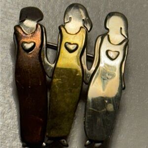 Vtg Far Fetched Sterling Silver Brass Copper Three Sisters Hearts Pin Brooch